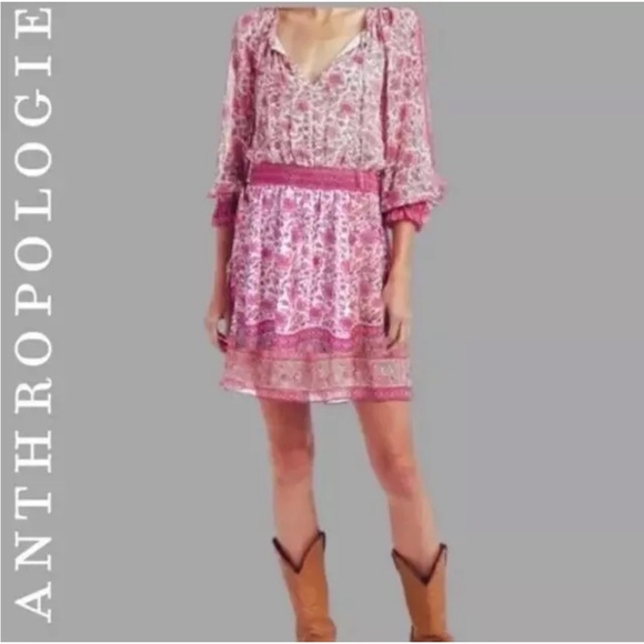 LOVE THE LABEL Anthropologie Pink‎ Floral Paisley Mini Dress Beaded Size S Sam - Picture 1 of 9